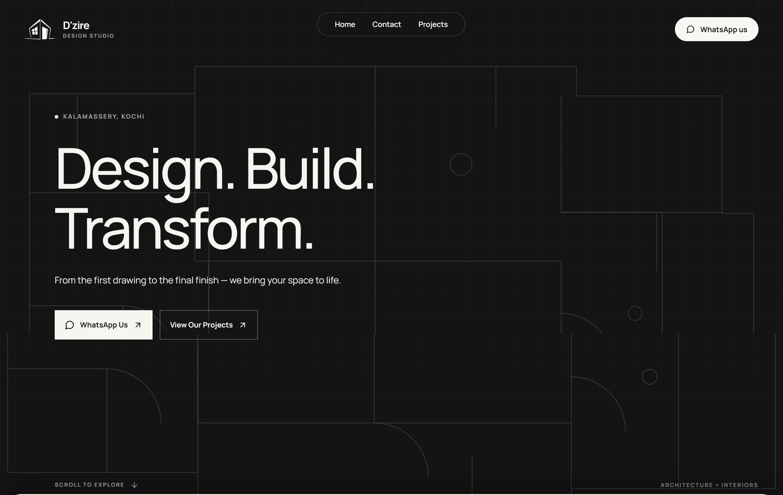 D’zire Design Studio website — floor-plan hero and Design Build Transform headline